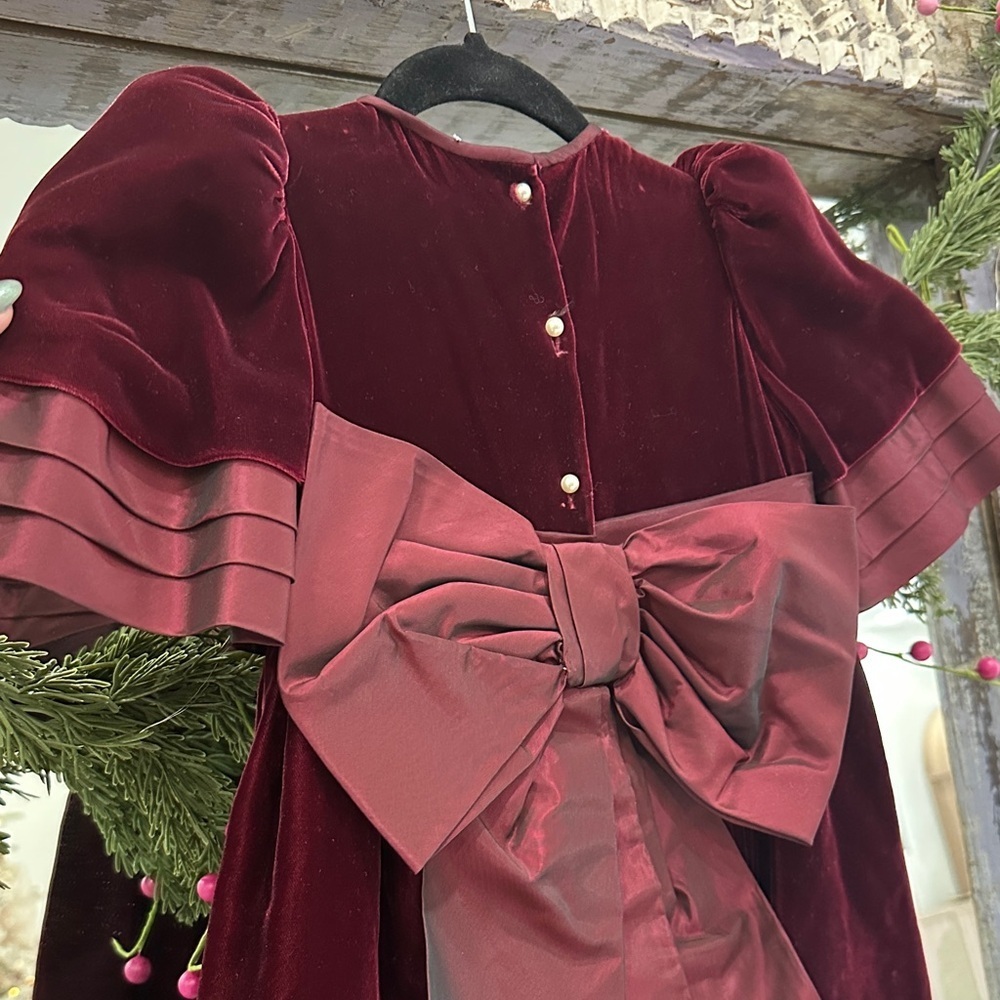 Silk Velvet and silk Organza Burgundy Holiday Dress with Puff Sleeves - Picture 5 of 6
